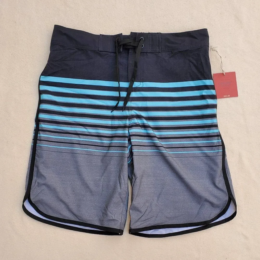 Mossimo black, teal, and gray striped board shorts